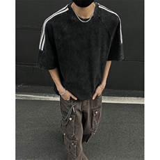 抖音得物高品质240克美式复古潮牌做旧水洗三条杠织带短袖T恤YQ45，男装T恤，电商A486-1