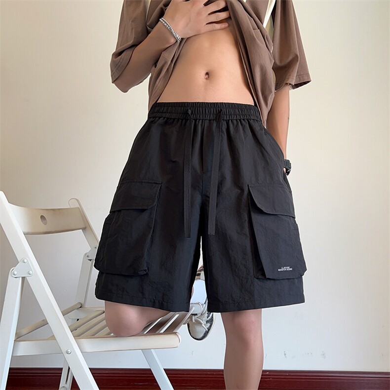 GENIOLAMODE黑色冰丝速干工装短裤男士夏季薄款休闲宽松五分中裤,男装牛仔裤,电商B353