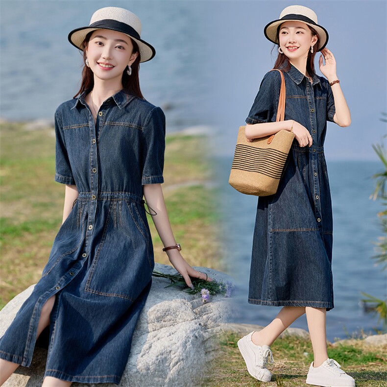 气质翻领短袖牛仔连衣裙女2025新款夏季薄款气质收腰显瘦休闲裙子图片