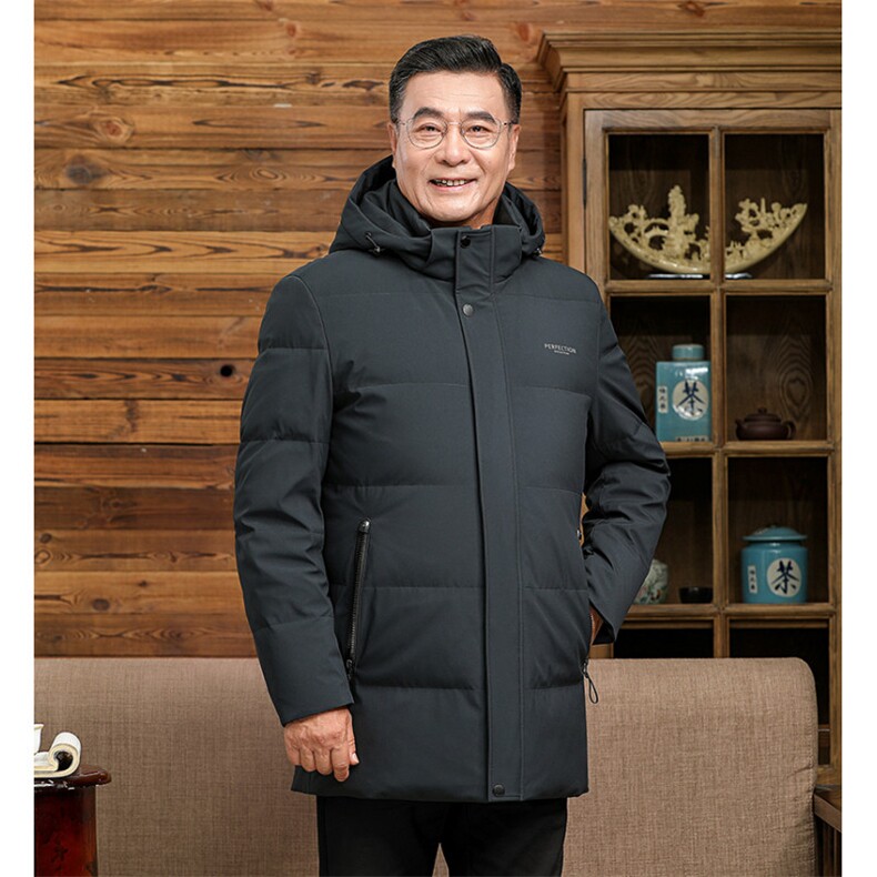 中老年羽绒服男士中长款加厚防寒中年休闲白鸭绒连帽可脱卸外套,男装羽绒服,钱塘6003（原4033）