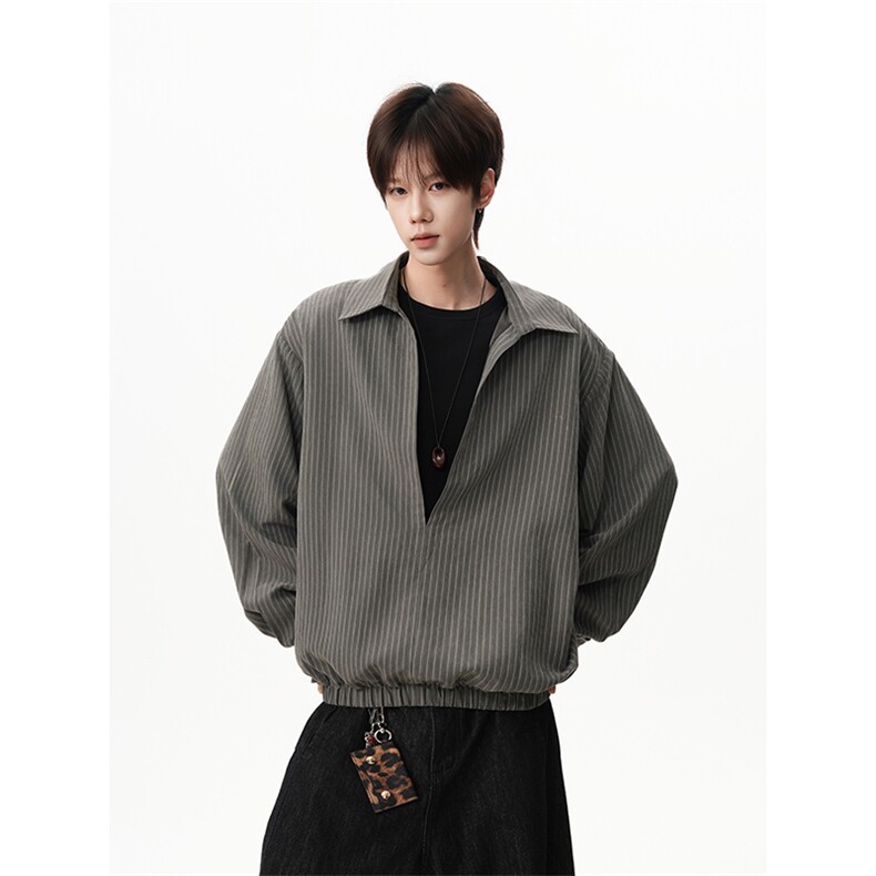 日系cityboy灰竖纹经典翻领衬衫宽松廓形个性上衣HY921TP48控88,男装衬衫,电商A102B