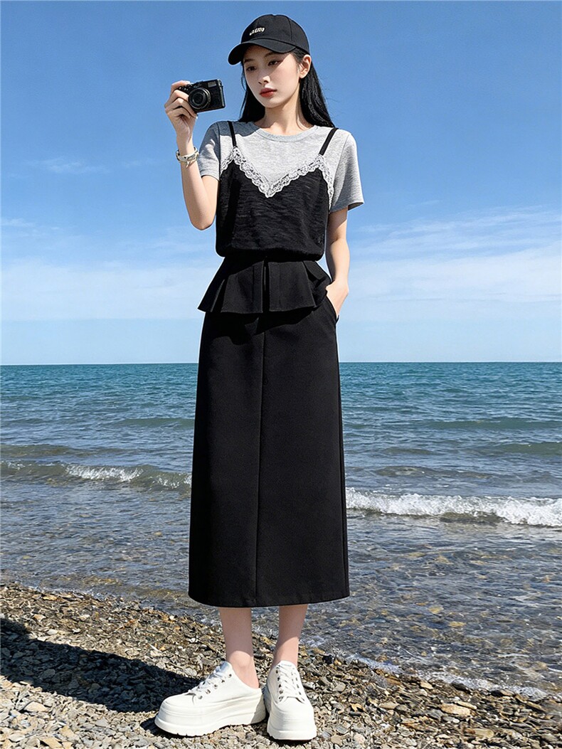 韩版休闲时尚运动套装女夏款蕾丝吊带拼接上衣开叉半身长裙两件套,女装套装/套裙,江南