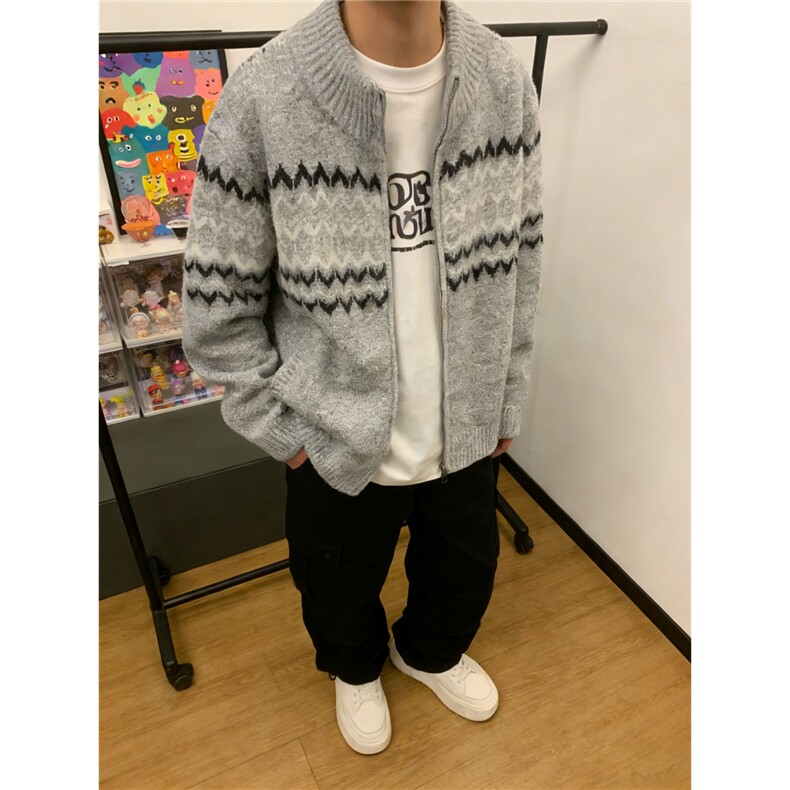秋冬松弛氛围感麻花纹菱格针织衫美式复古宽松休闲毛衣MY9824图片