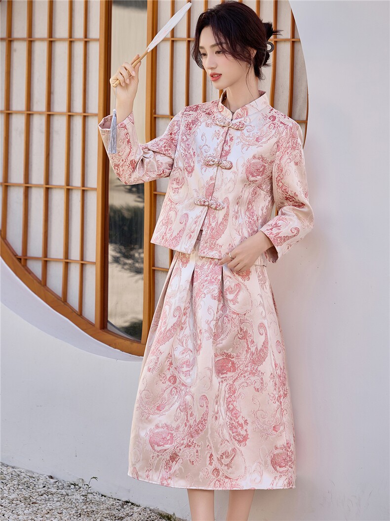 9756时尚复古盘扣提花两件套裙,女装套装/套裙,罗得堡