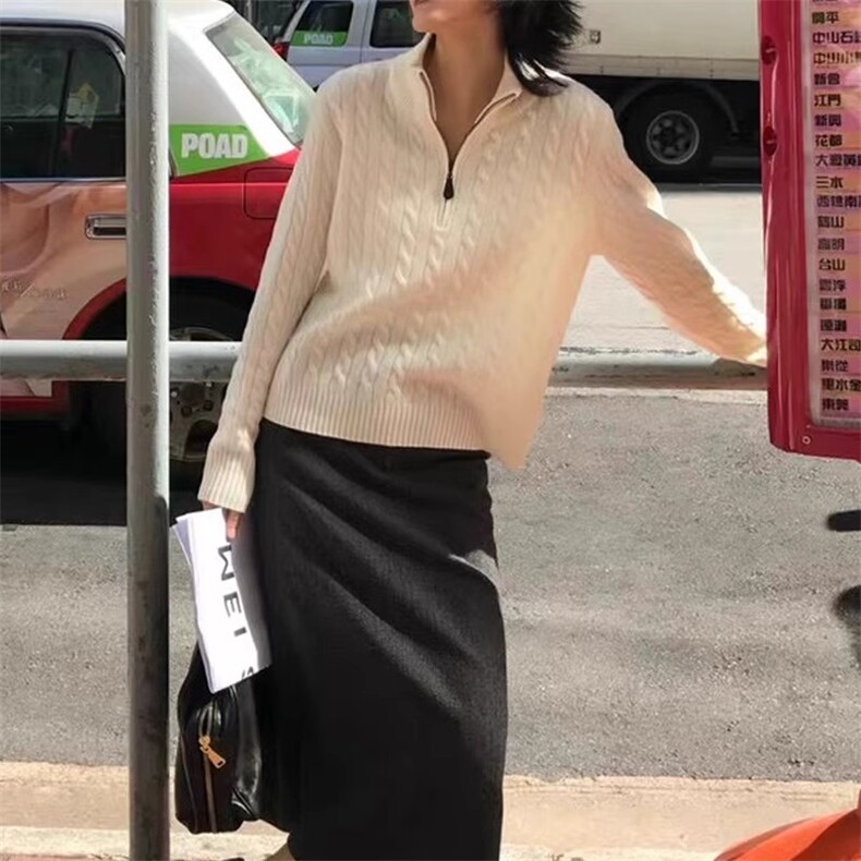 新款绞花半拉链针织衫时尚百搭套头,针织衫/毛衣,珍珑羊绒