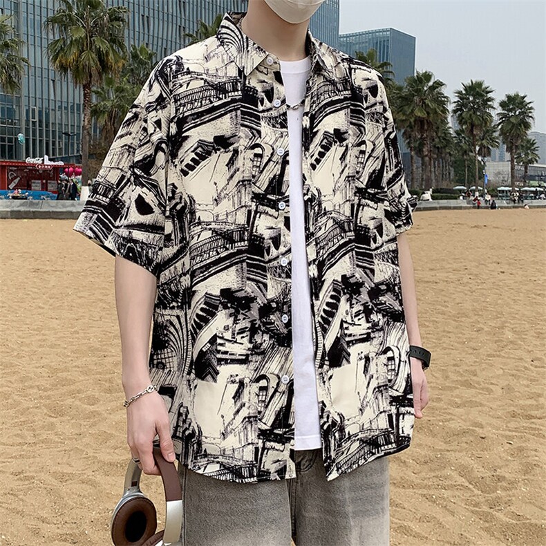 夏季冰丝店主风潮港风大码复古碎花短袖衬衫花衬衣男7234P35,男装衬衫,电商A056