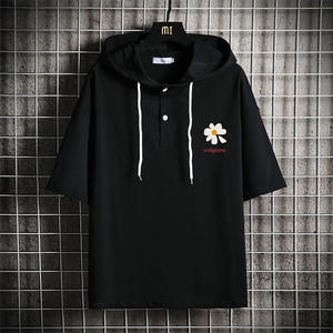 LD54059-P45 连帽短袖t恤男大码胖子带帽五分袖中袖 网格挂拍图片