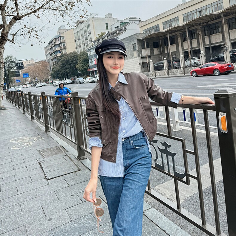 短款机车pu皮外套女2024秋季新款欧美时尚拉链口袋显瘦皮夹克女潮,女装皮衣,江南女神