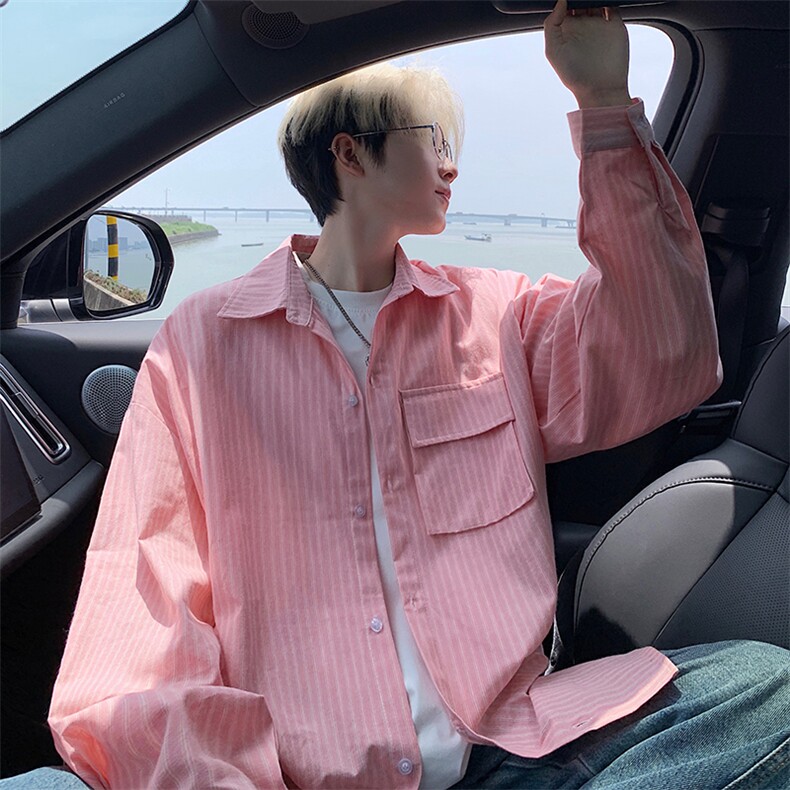 衬衫男秋季新款港风宽松大码立体口袋纯棉条纹长袖衬衣CS3099-P42，男装衬衫，星座214-3