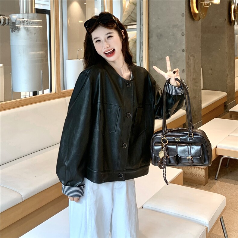高级感复古圆领工装皮衣女装2025机车夹克秋冬休闲小个子短外套潮,女装皮衣,维壹