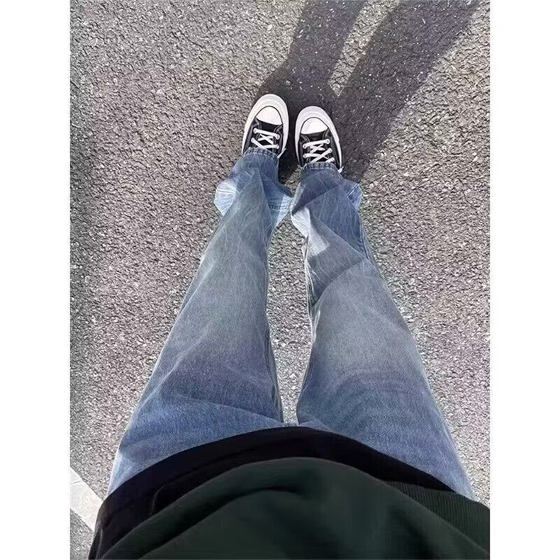 潮浅蓝色cleanfit牛仔裤男款美式高街vibe裤子高腰女直筒微喇裤，女装休闲裤，星座506A