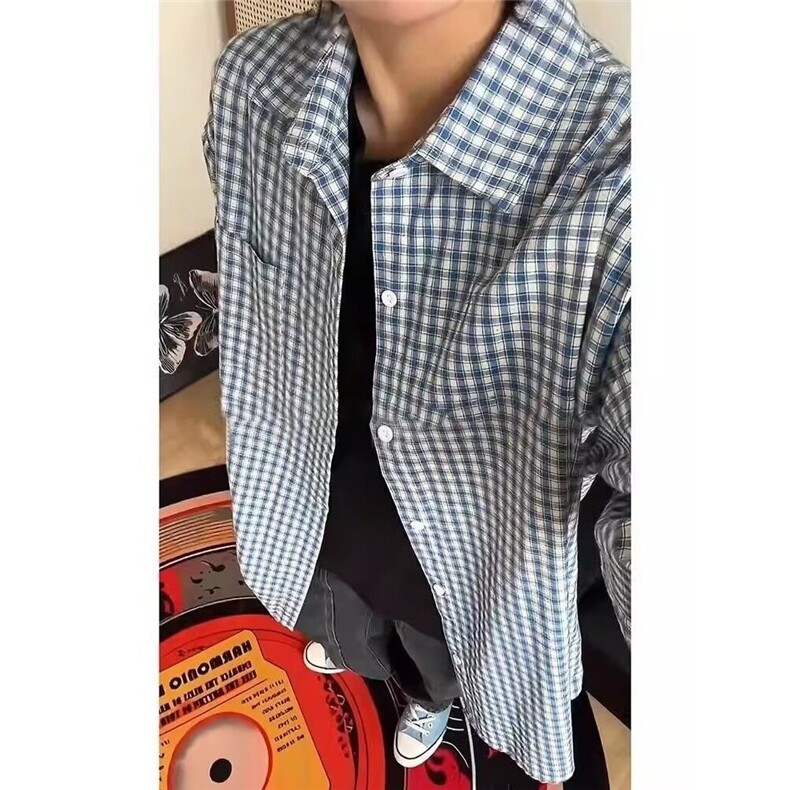 夏日韩版格子蓝色衬衫女宽松男友风衬衣宽松显瘦防晒开衫垂感外套,男装防晒衣,星座218-1（原230）