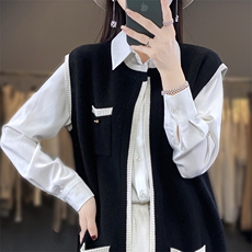 百搭小香风V领毛衣开衫马甲女春秋新款宽松显瘦无袖针织背心外套，女装马甲，宋氏羊绒