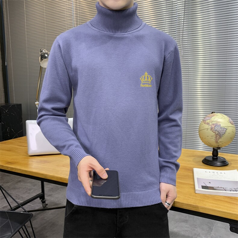 秋冬可翻高领毛衣男皇冠纯色长袖男刺绣毛衫打底针织衫米M253P33,男装针织衫/毛衣,星座1207