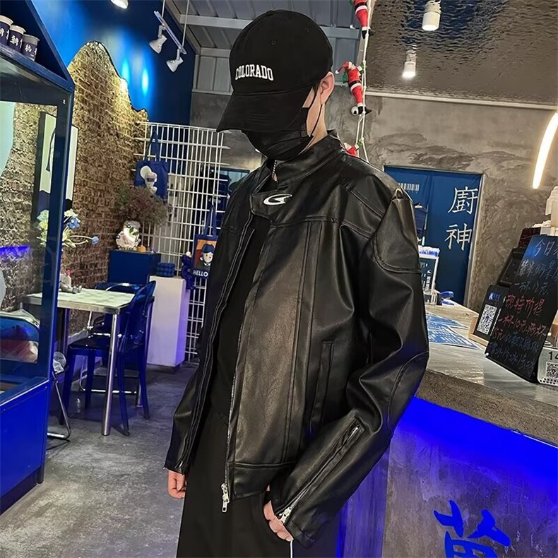 小众立领设计PU皮夹克男高级感垫肩机车外套短款皮衣PA139/P85,男装夹克,星座506