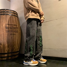 格子印花裤子宽松慵懒风牛仔裤春秋新款高腰显瘦直筒裤AMG36P49，男装牛仔裤，星座1013-5