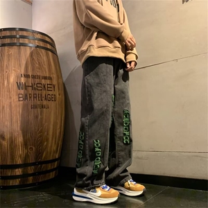 格子印花裤子宽松慵懒风牛仔裤春秋新款高腰显瘦直筒裤AMG36 P49图片