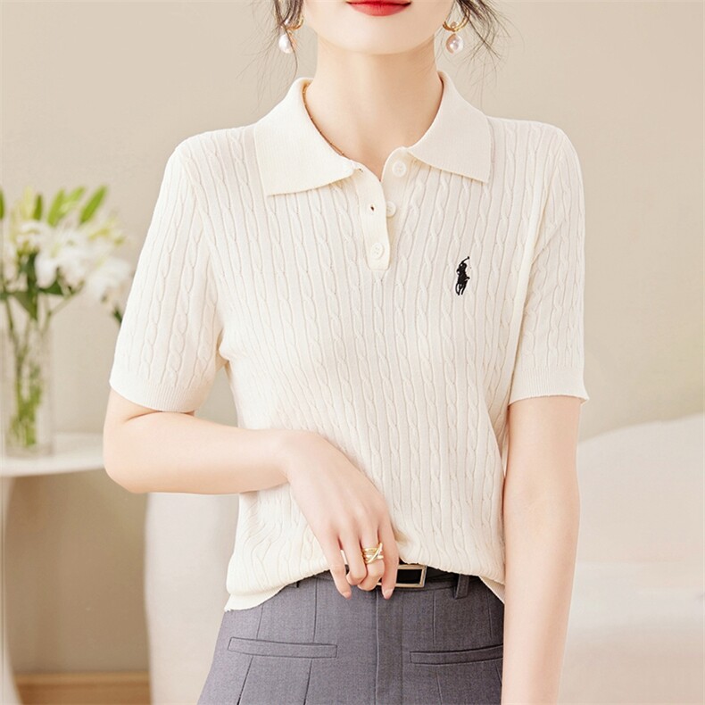 冰丝刺绣POLO领短袖t恤打底衫女内搭针织半袖2025春季新款上衣,针织衫/毛衣,质第工厂直营店
