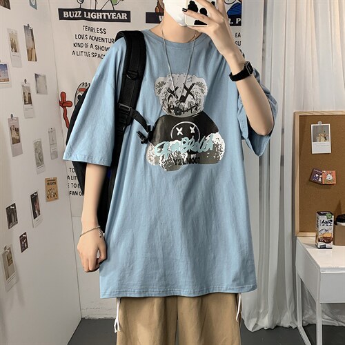 2021港风圆领青春休闲大码运动日系原宿潮流男士短袖宽松718F25图片