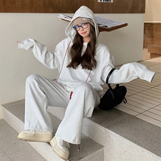 灰色休闲运动套装女2025春秋新款时尚连帽卫衣宽松阔腿裤两件套潮，女装套装/套裙，2C305