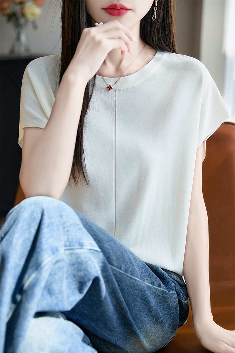 2025夏季圆领短袖女士薄款透气针织T恤衫显瘦时尚洋气小飞袖半袖,女装T恤,暖烁特种纱工厂店
