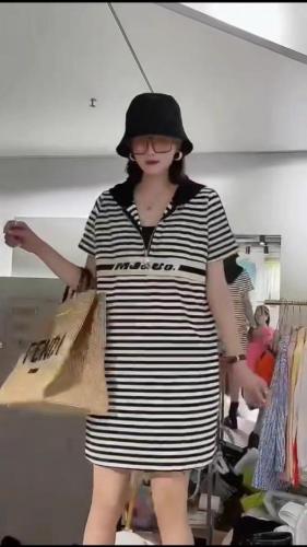 AX9703欧洲站夏装女2021新款欧货休闲宽松条纹织带连衣,女装,L·H·X