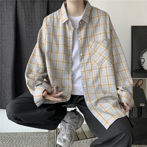 港风21秋装 港风日系格子潮流休闲宽松长袖衬衫中性情侣 H210/P45图片