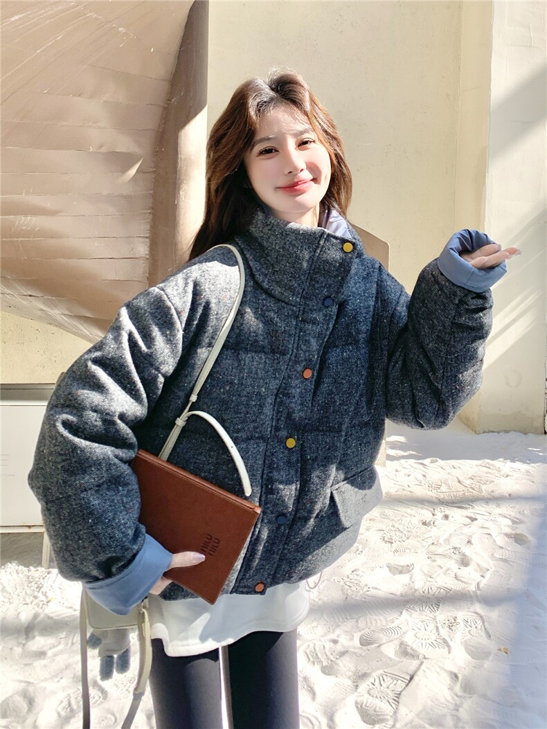 韩系灰色撞色短款羽绒服外套女冬2025新款设计保暖白鸭绒气质外套,女装羽绒服,艾米莉亚
