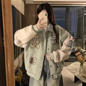 早春美式皮袖棒球服外套女2026新款刺绣拼色潮宽松休闲学生夹克图片