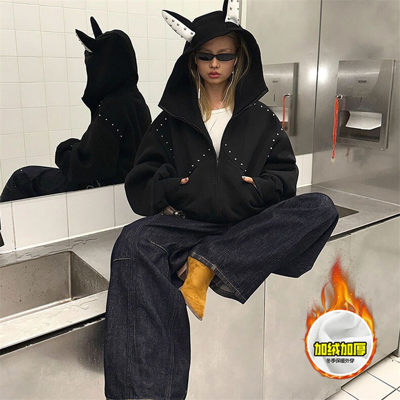 480G重磅加绒硬挺boxy男女美式高街卫衣铆钉杜宾犬耳朵开衫厚外套，女装短外套，电商A486