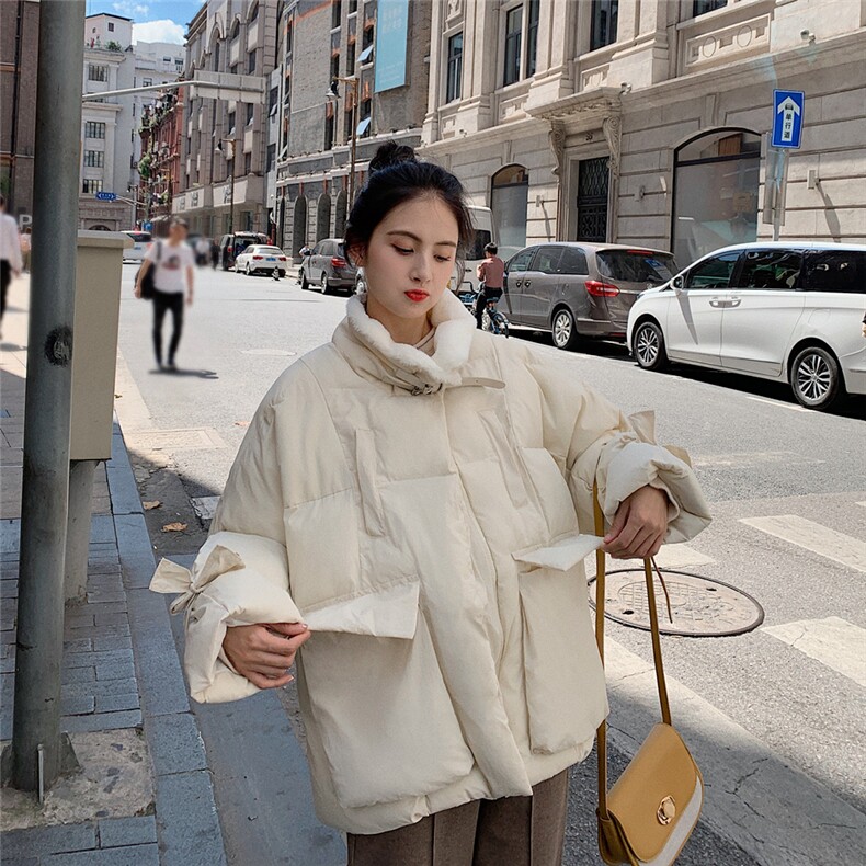 毛毛拼接短款面包服棉衣棉袄外套蝴蝶结加厚通勤短款长袖娃娃领,女装棉衣/棉服,浙宝088