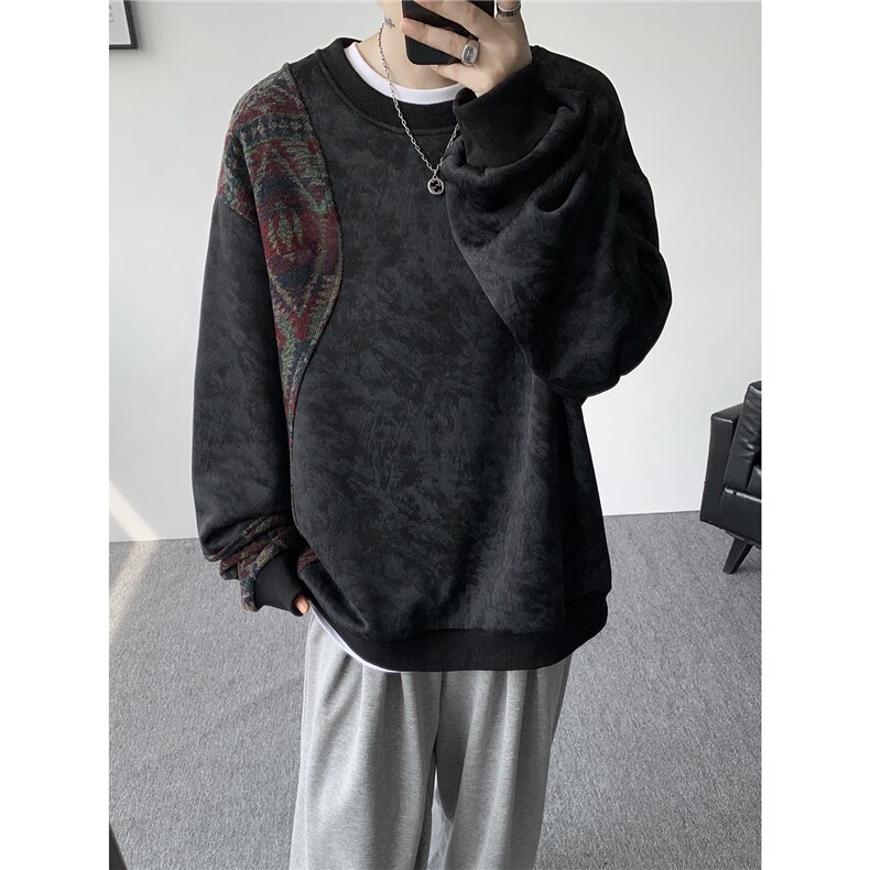 现货WY10169-特P50新中式重磅圆领拼接长袖套头上衣大码卫衣外套,女装短外套,电商A059