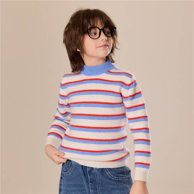时尚百搭通勤儿童男女同款7针彩条圆领羊绒衫，童装儿童羊绒衫，跳跳羊儿童羊绒衫