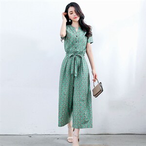 连体裤女夏2024新款韩版宽松收腰显瘦休闲棉麻碎花阔腿连衣裤，女装连衣裙，木橙西子