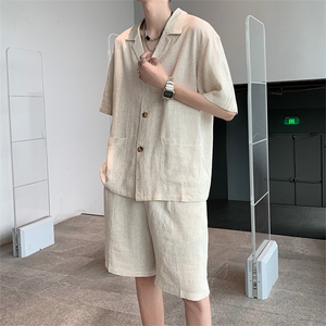 8XL-M 特大码风男装棉麻亚麻套装七分袖五分裤TZ101P110控138图片