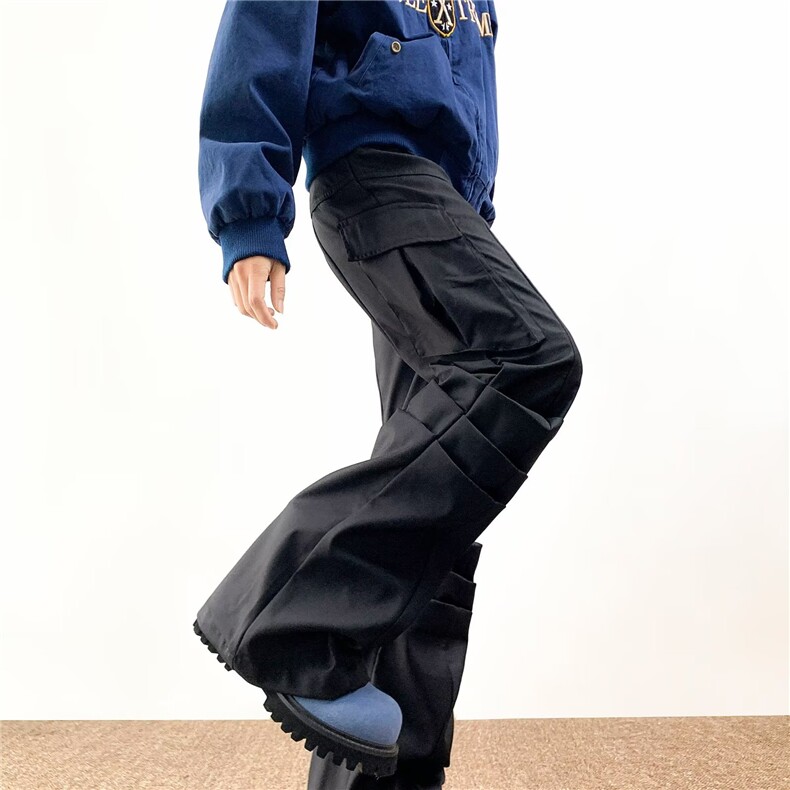 美式高街直筒褶皱通勤微喇工装裤男女多口袋高级感休闲裤X821/P65，男装休闲裤，星座506