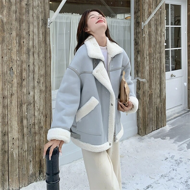 麂皮绒羊羔毛外套冬韩系超好看气质保暖皮毛一体上衣，女装羊羔毛/颗粒绒，浙宝B116