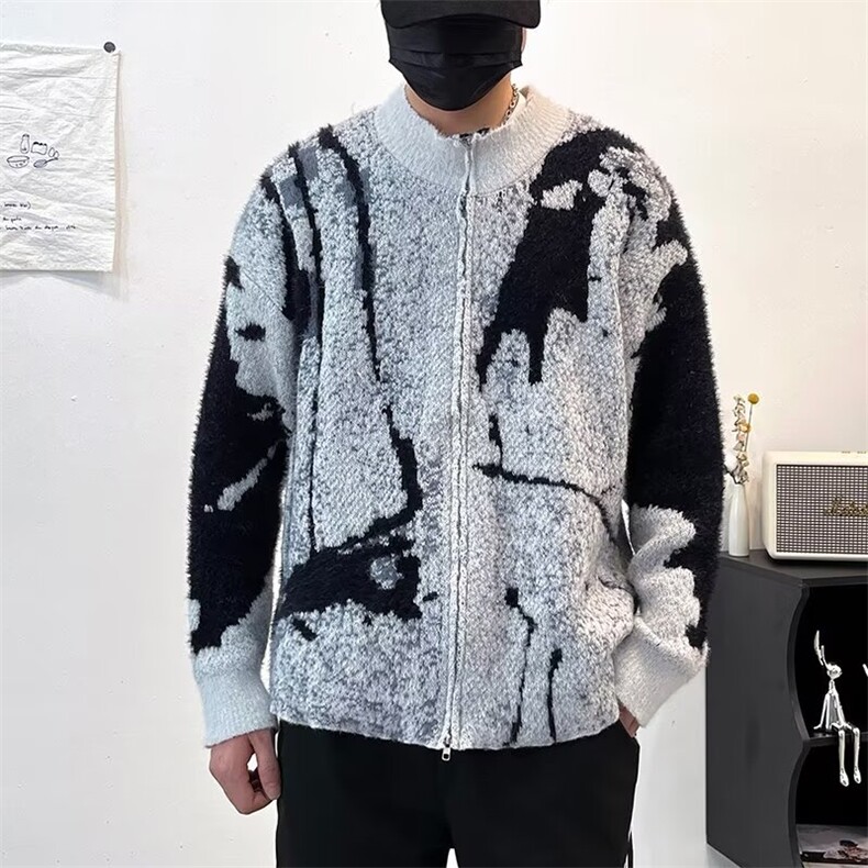 秋冬拉链开衫毛衣外套男半高领拼色渐变青少年宽松学生针织衫889图片