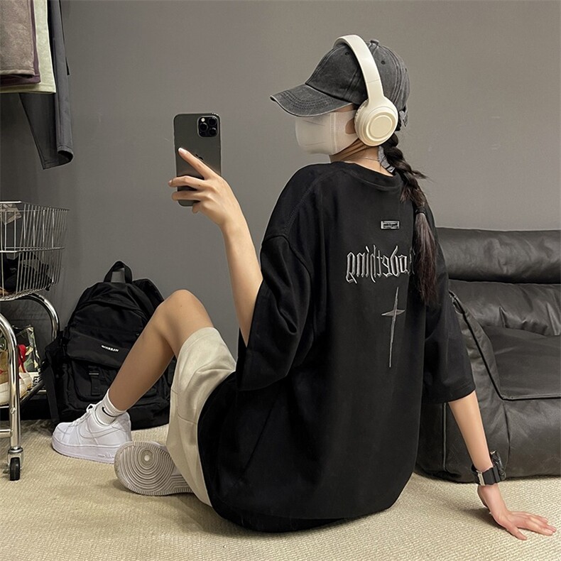 乌梅紫色刺绣短袖男款夏季美式潮牌宽松休闲大码T恤麂皮绒五分袖,男装T恤,星座412-3