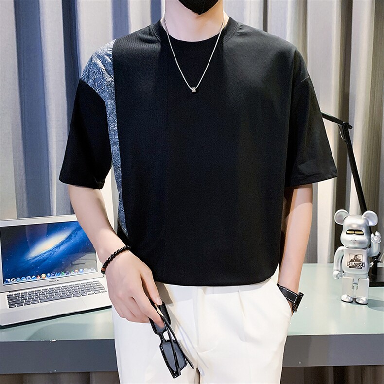 2025新款夏季短袖T恤男潮牌拼接圆领落肩袖体恤A313-1-8107-P55，男装T恤，电商A313-1