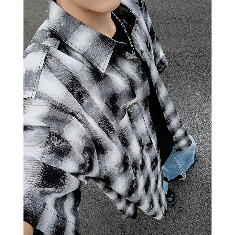 复古做旧短袖格子衬衫男宽松夏季潮流休闲衬衣外套潮CJ09,男装衬衫,星座1116A-1（原606A）