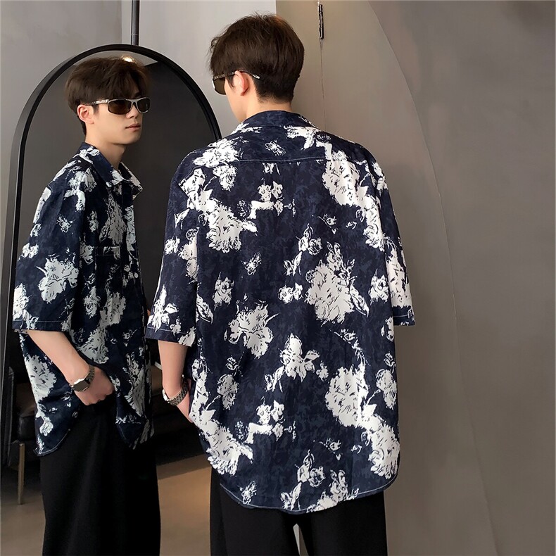 港风复古花卉满印夏季衬衫短袖沙滩男女同款休闲街头日系CS31-p26,男装衬衫,电商C307