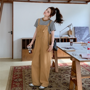 卡其色背带裤女夏休闲宽松直筒小众设计感活泼减龄阔腿裤两件套图片