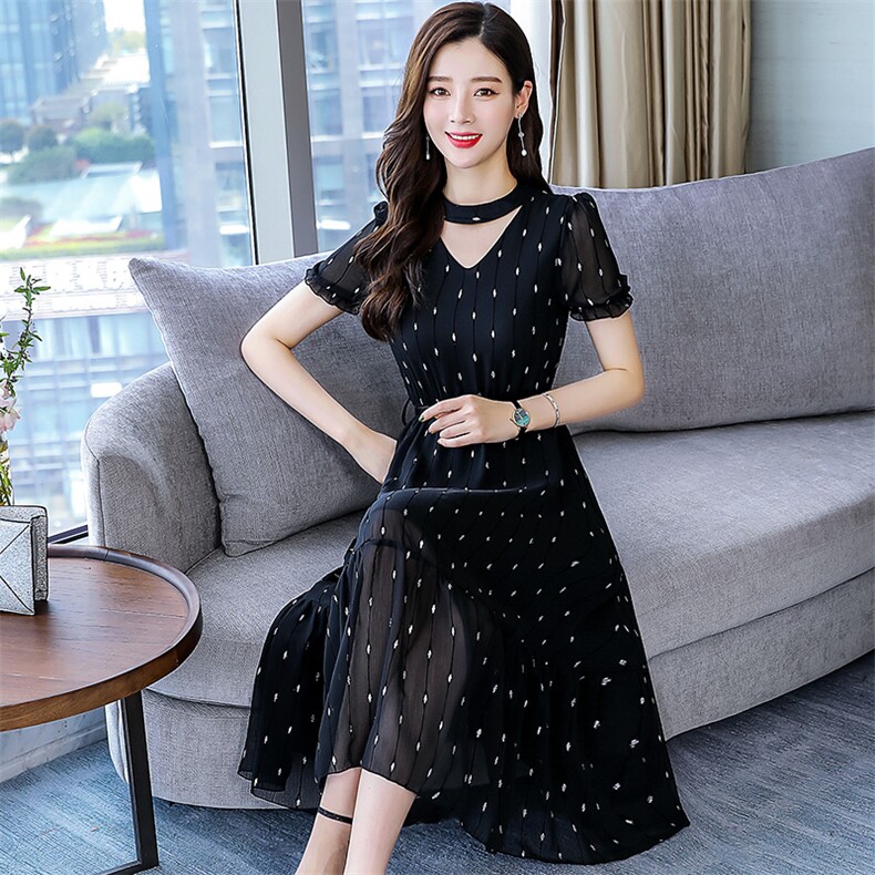 2021年夏季纯色圆领波点高腰短袖时尚舒适简约百搭中长款,女装连衣裙,三木叶子