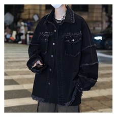 破坏毛边牛仔外套潮牌机车朋克美式重工铆钉珠黑色夹克JK1094-P78，男装夹克，星座1103-3
