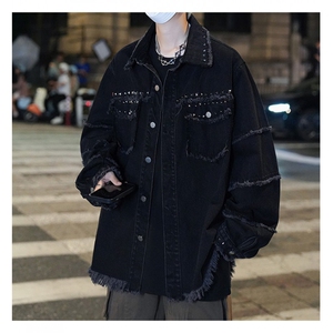 破坏毛边牛仔外套潮牌机车朋克美式重工铆钉珠黑色夹克JK1094-P78图片