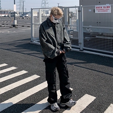 灰色水洗pu皮衣外套男痞帅拉链设计美式短款工装夹克JK923-P78，男装夹克，星座1001-1