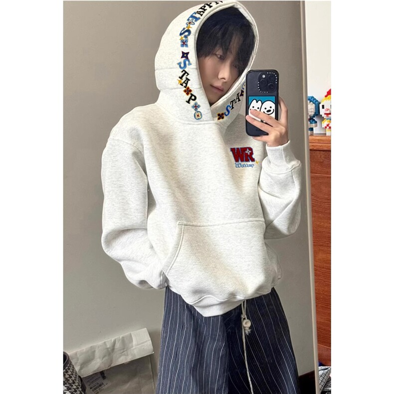 美式重磅加绒加厚刺绣初中生连帽卫衣男款新款宽松上衣WYZ06,男装卫衣,星座516A