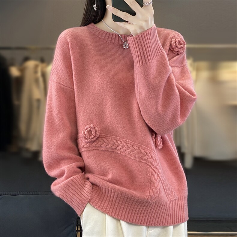 2025年秋季新款宽松手工钩花针织衫时尚休闲，女装针织衫/毛衣，奢优羊绒