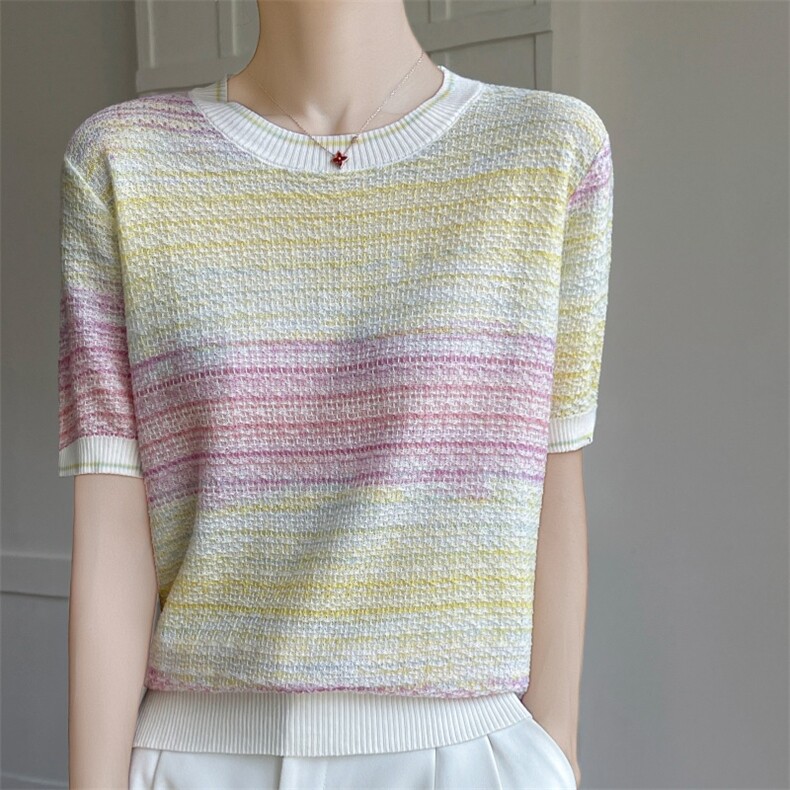 莱赛尔渐变条纹针织短袖T恤女2025夏透气宽松显瘦打底小衫t恤上衣，女装T恤，雪真羊绒